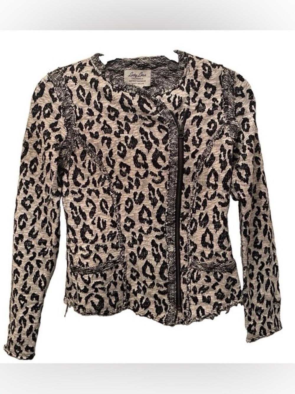 Lucky Brand Leopard Print Knit Moto Jacket Moto Sweater Raw Hem Asymmetric Small